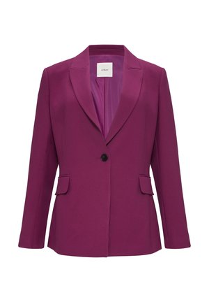 Purple blazer with a notch lapel, single button closure, two front pockets, and smooth texture. Interior lined in matching satiny fabric.