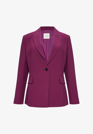 Purple blazer with a notch lapel, single button closure, two front pockets, and smooth texture. Interior lined in matching satiny fabric.
