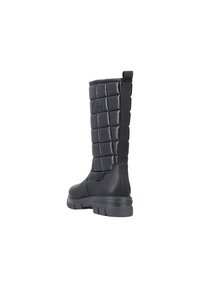 Svart knähög stövel med en kviltad design och hållbar sula. Tillverkad av syntetiskt material, med en texturerad yta och elastiska detaljer.