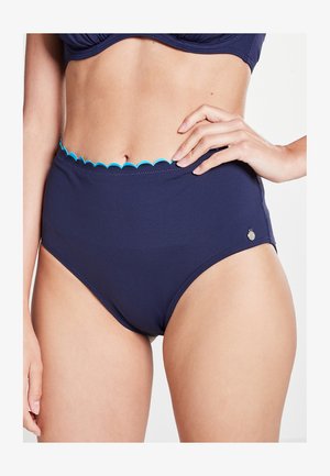 Hochgeschnittene Bikini-Hose in Marineblau mit einem gewellten hellblauen Bund und einem kleinen Metallelement an der Seite. Glattes, strukturiertes Material.