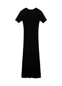 Black ribbed t-shirt dress with short sleeves, round neckline, and a fitted silhouette extending to the ankles. Smooth, textured fabric.