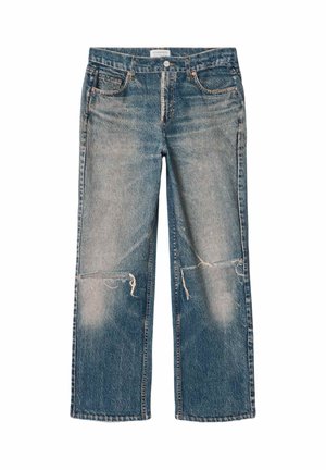 Blåtonede straight-fit jeans med falmede detaljer og slidte revner på begge knæ, fem-lomme stil og knaplukning i taljen.