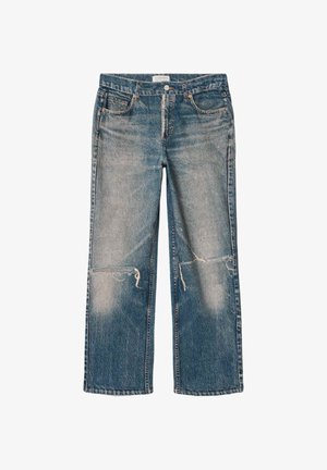 Blåtonede straight-fit jeans med falmede detaljer og slidte revner på begge knæ, fem-lomme stil og knaplukning i taljen.