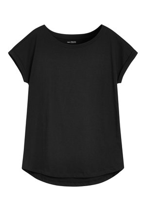 T-shirt noir à manches courtes en coton doux. Présente une coupe ample, un col ras du cou et un ourlet arrondi pour un style décontracté.
