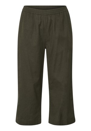 Pantalones cortos de color verde olivo, hechos de una tela suave, con cintura elástica y piernas rectas, que presentan una costura m�ínima y sin bolsillos.