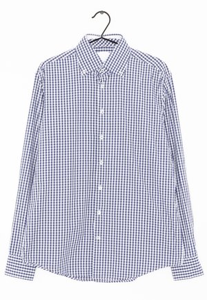 Langärmliges Hemd mit blau-weißer Karomusterung und Button-Down-Kragen, ausgestattet mit Knopfschluss und abgerundetem Saum. Hergestellt aus Baumwollstoff.