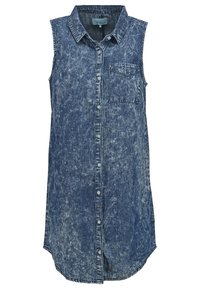 Abito senza maniche in denim blu sfumato, con chiusura frontale a bottoni, colletto e taschino sinistro sul petto. Orlo curvo.