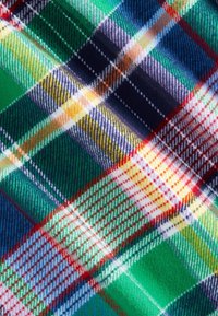 Kolorowa tkanina w kratę z zielonymi, czerwonymi, żółtymi, niebieskimi i granatowymi paskami o różnych szerokościach, o miękkiej strukturze i klasycznym wzorze.