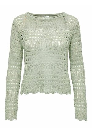 Light green long-sleeve crochet knit sweater with intricate openwork patterns and scalloped edges on cuffs and hem.