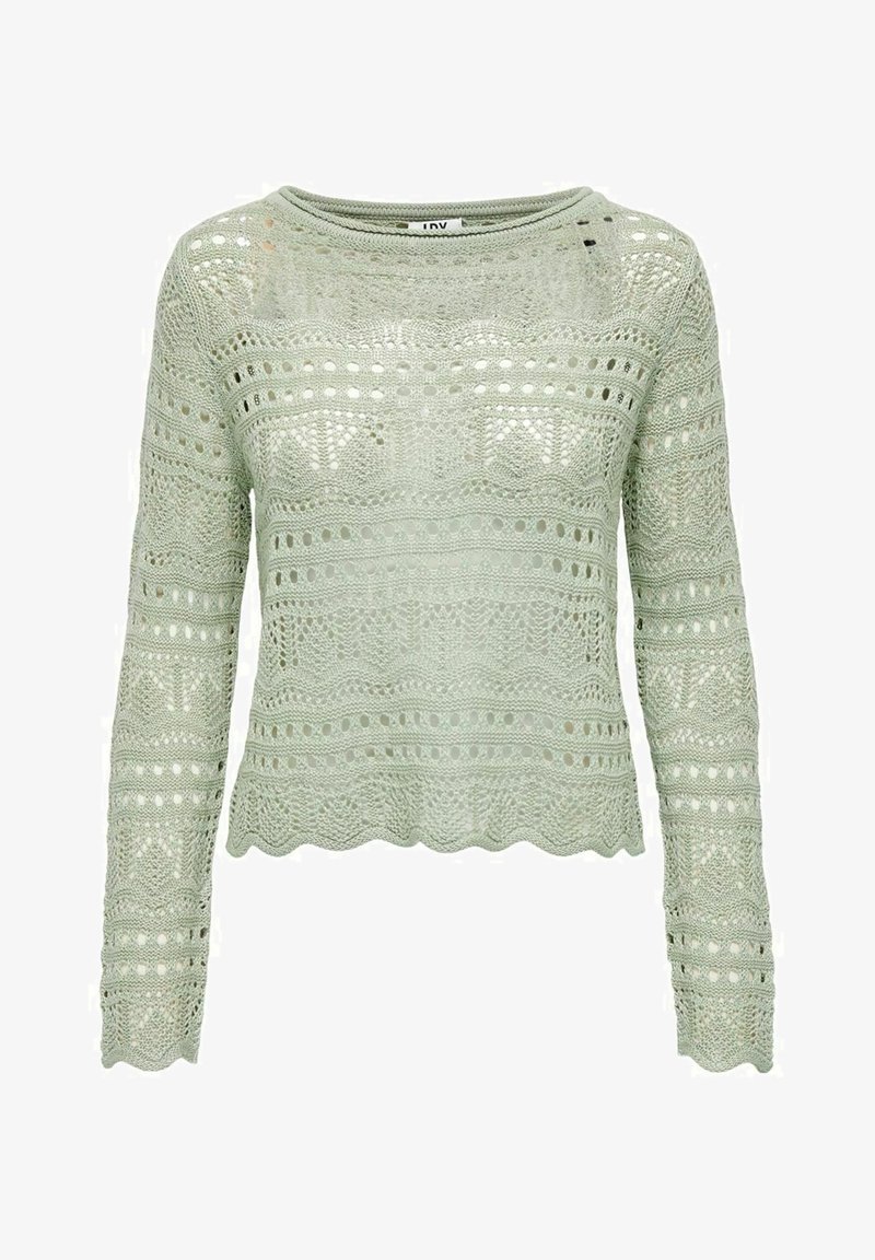 Pull en crochet vert clair à manches longues avec des motifs ajourés complexes et des bords festonnés aux poignets et à l'ourlet.