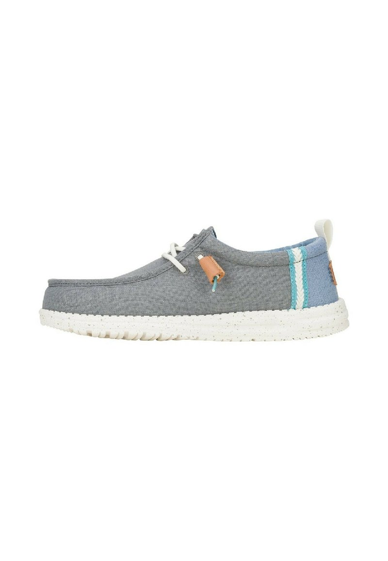 Zapato textil gris con suela de goma blanca moteada, acentos en azul claro y verde azulado que contrastan, y una etiqueta de cuero marrón cerca de los cordones.