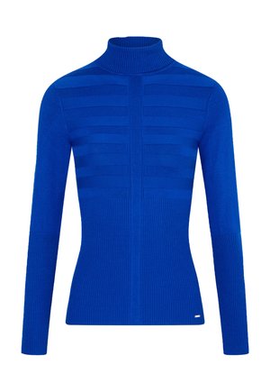 Il maglione blu a collo alto presenta strisce orizzontali testurizzate, polsini e corpo a costine. Realizzato in un tessuto liscio con un design aderente.