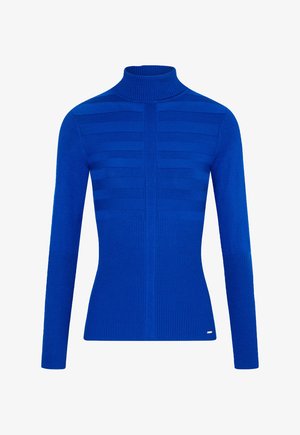 Der blaue Rollkragenpullover hat strukturierte horizontale Streifen, gerippte Bündchen und einen gerippten Körper. Er besteht aus einem glatten Stoff und hat eine taillierte Passform.