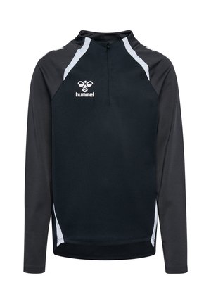 Sort langærmet sportstop med hvide accenter, lynlås foran og hummel-logo på venstre bryst.