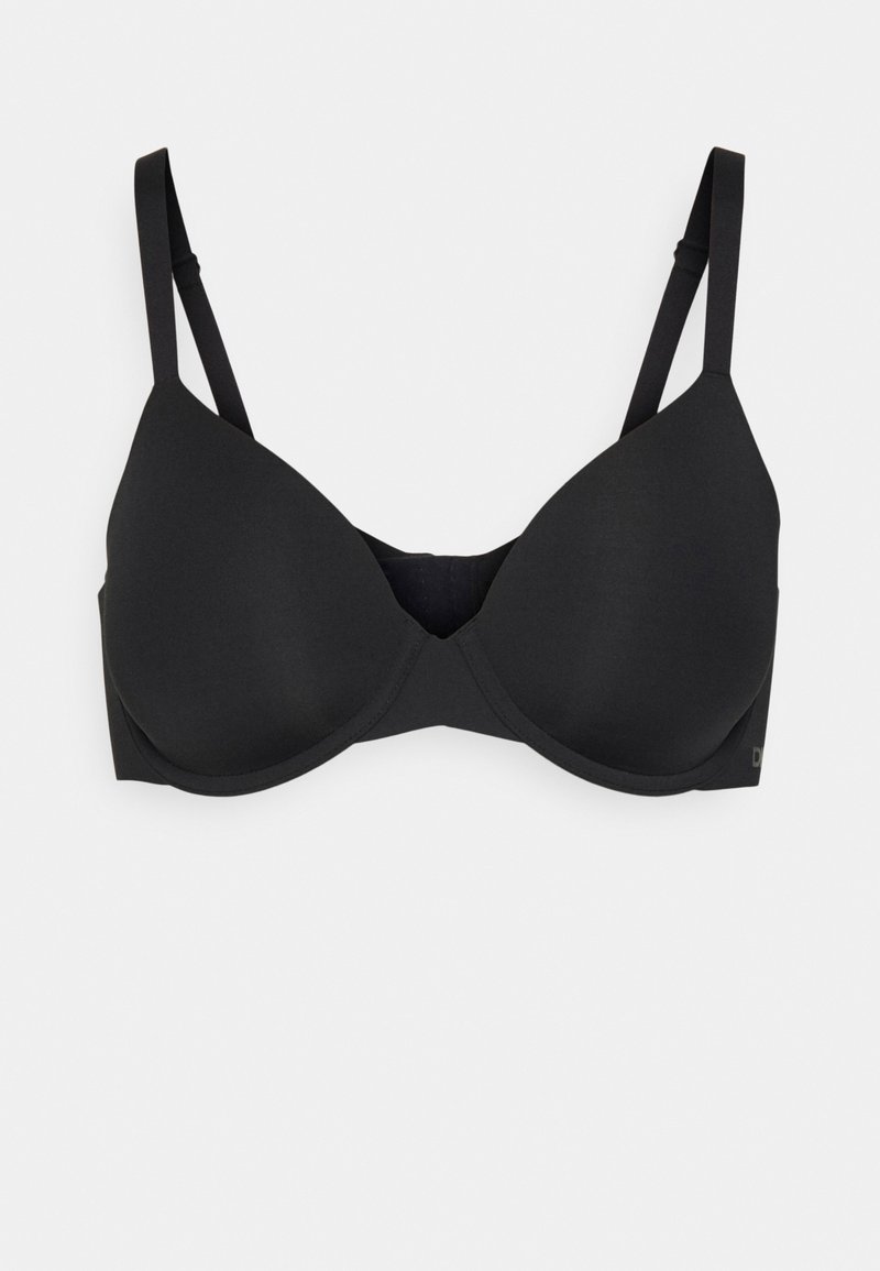 Schwarzer gepolsterter BH mit verstellbaren Trägern, nahtlosem Design und glatter Textur. Verfügt über ein dezentes Logo an der Seite. Geeignet für den täglichen Gebrauch.
