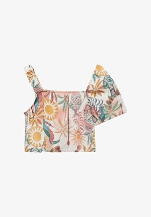 Bloemenpatroon top met één schouderband. Kenmerkt zich door een losse pasvorm, levendige kleuren zoals roze, groen en geel, gemaakt van luchtige stof.
