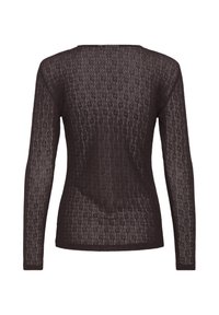 Haut noir à manches longues en dentelle transparente, coupe ajustée, vu de dos sur fond blanc.