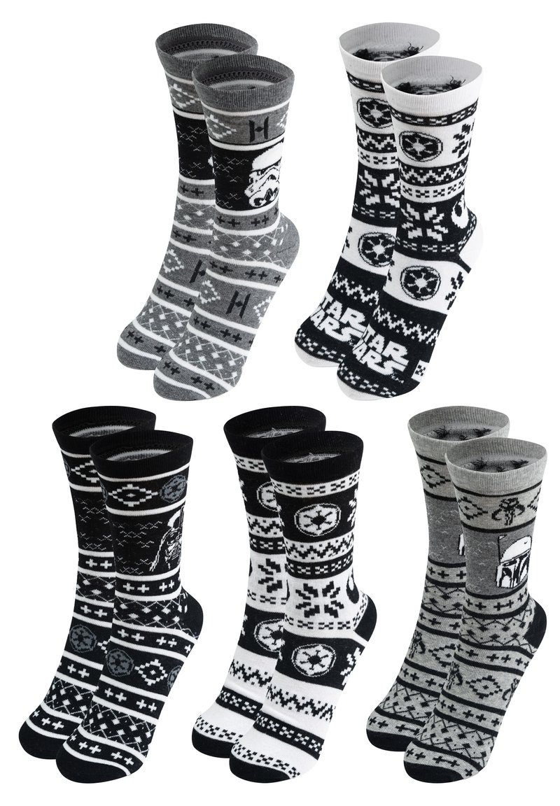 Calzini a righe nere e grigie presentano design a tema Star Wars, tra cui Stormtrooper e Darth Vader, con una texture accogliente e lavorata a maglia.