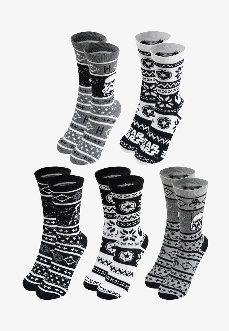 Tre paia di calze in nero, grigio e bianco. Ognuna presenta vari motivi geometrici e grafiche a tema Star Wars su un morbido materiale.