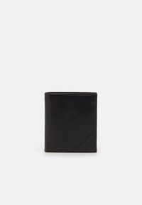 Black leather wallet with a smooth surface, folded design, and a textured accent on one corner. Features embossed brand logo.