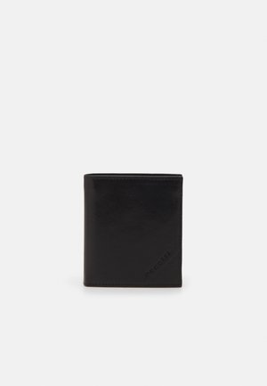 Black leather wallet with a smooth surface, folded design, and a textured accent on one corner. Features embossed brand logo.