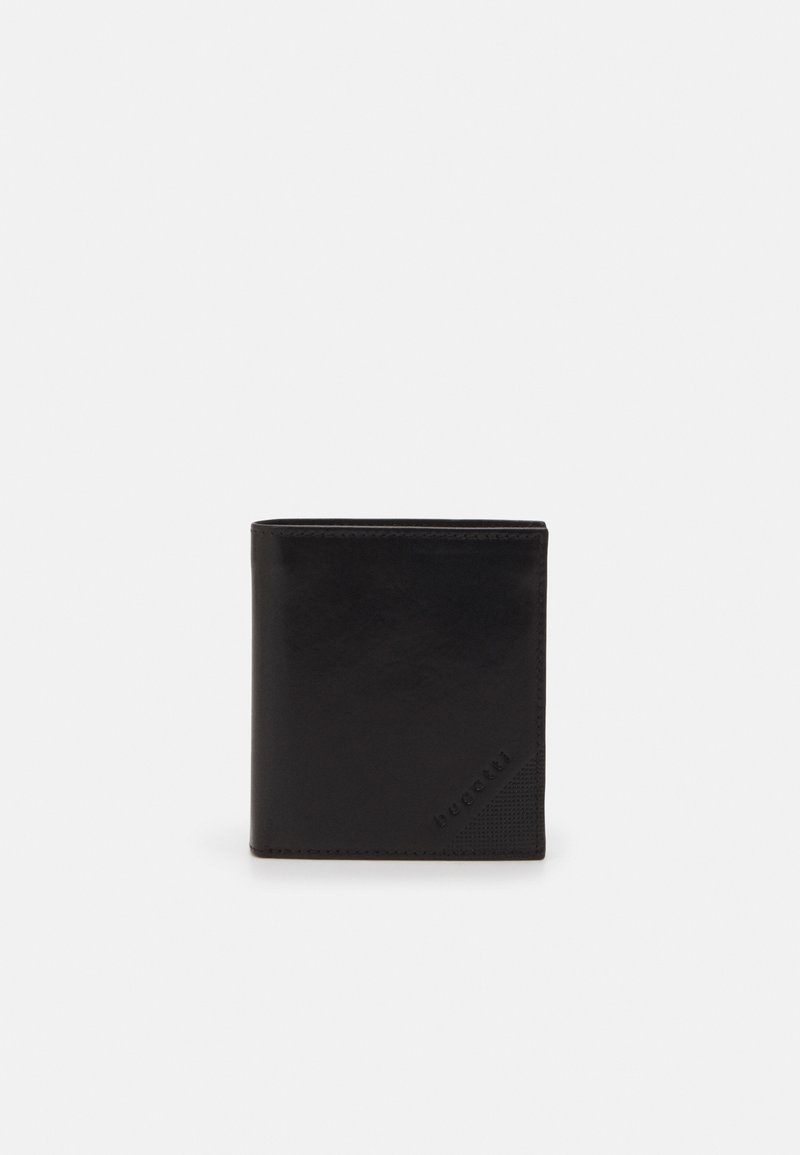 Black leather wallet with a smooth surface, folded design, and a textured accent on one corner. Features embossed brand logo.