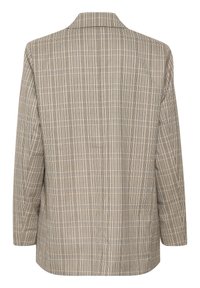 Blazer a cuadros en tonos beige y marrón, con collar y mangas largas. Fabricado con un tejido suave y un diseño de corte relajado.