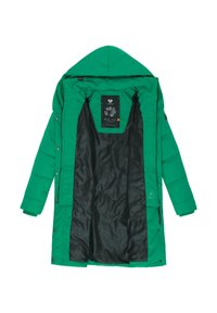 Zielona kurtka puchowa z kapturem, z czarną podszewką. Wzór zawiera zatrzaski i metkę z logo wewnątrz.