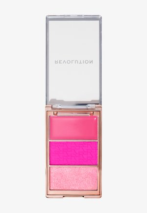Blush palette with three sections: top deep pink cream, middle textured pink, bottom shimmer pink. Clear case; rose gold accents.