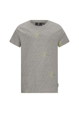 T-shirt grigia a maniche corte con motivi geometrici e testo giallo. Realizzata in tessuto morbido per comfort e facilità di movimento.