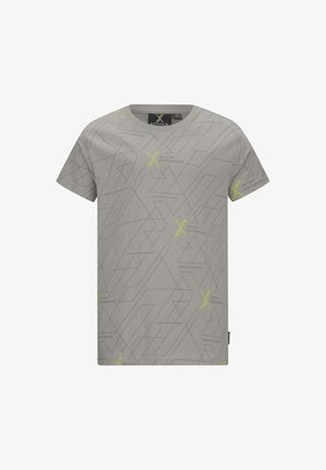 Graues Kurzarm-T-Shirt mit geometrischen Mustern und gelbem Text. Aus weichem Stoff für Komfort und Bewegungsfreiheit gefertigt.