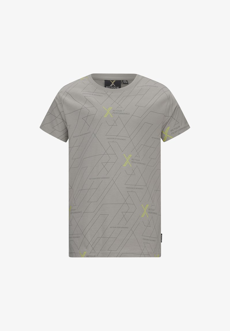 Grijze t-shirt met korte mouwen, voorzien van geometrische patronen en gele tekst. Gemaakt van zachte stof voor comfort en vrijheid van beweging.