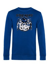 Sudadera de manga larga azul con gráfico de "Star Wars" que presenta personajes. Cuello redondo, puños y dobladillo acanalados. Tejido suave de mezcla de algodón.