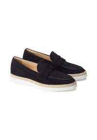Schwarze Wildleder-Loafer mit einer Schleifendetail, weiße Gummisohlen und einem Espadrille-Stil Seilrand um die Basis. Glattes Innenfutter.