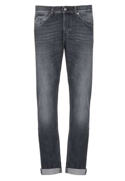 Jeans in denim grigio scuro con vestibilità dritta, dotati di tasche frontali, chiusura con bottoni e orli risvoltati. Tessuto liscio con leggere sfumature di colore.