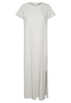 Light gray, short-sleeve maxi dress featuring a round neckline and a side slit, made from a soft, smooth fabric with a subtle texture.