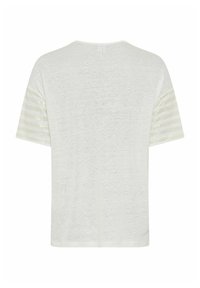 Weißes T-Shirt mit kurzen Ärmeln, rundem Halsausschnitt und metallischen Streifenakzenten an den Ärmeln. Hergestellt aus weichem, leichtem Material.