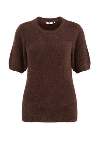 Brun plyschstickad tröja med korta ärmar och rund halsringning. Mjuk textur med avslappnad passform och minimal detaljering.