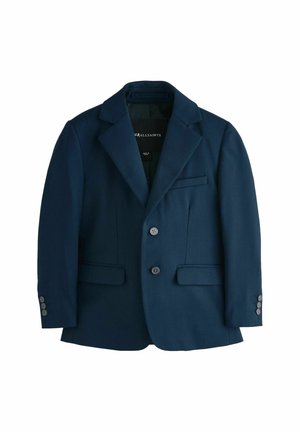 Blazer azul marino de tela, con solapa de muesca, dos botones, dos bolsillos frontales y adornos de cuatro botones en los puños.
