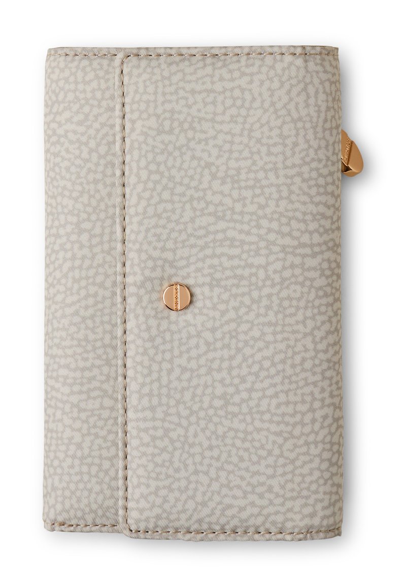 Light gray wallet with textured exterior, featuring a small gold snap closure and a subtle pattern. Stitched edges highlight the design.