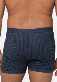 Boxer in tessuto elastico con motivo blu, caratterizzati da un design testurizzato con strisce orizzontali e verticali e una cintura uniforme.