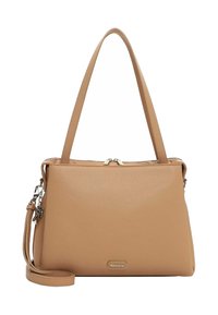 Borsa a mano in similpelle color cuoio con doppi manici superiori, chiusura con zip e tracolla removibile. Presenta una targhetta con logo color oro e una texture liscia.