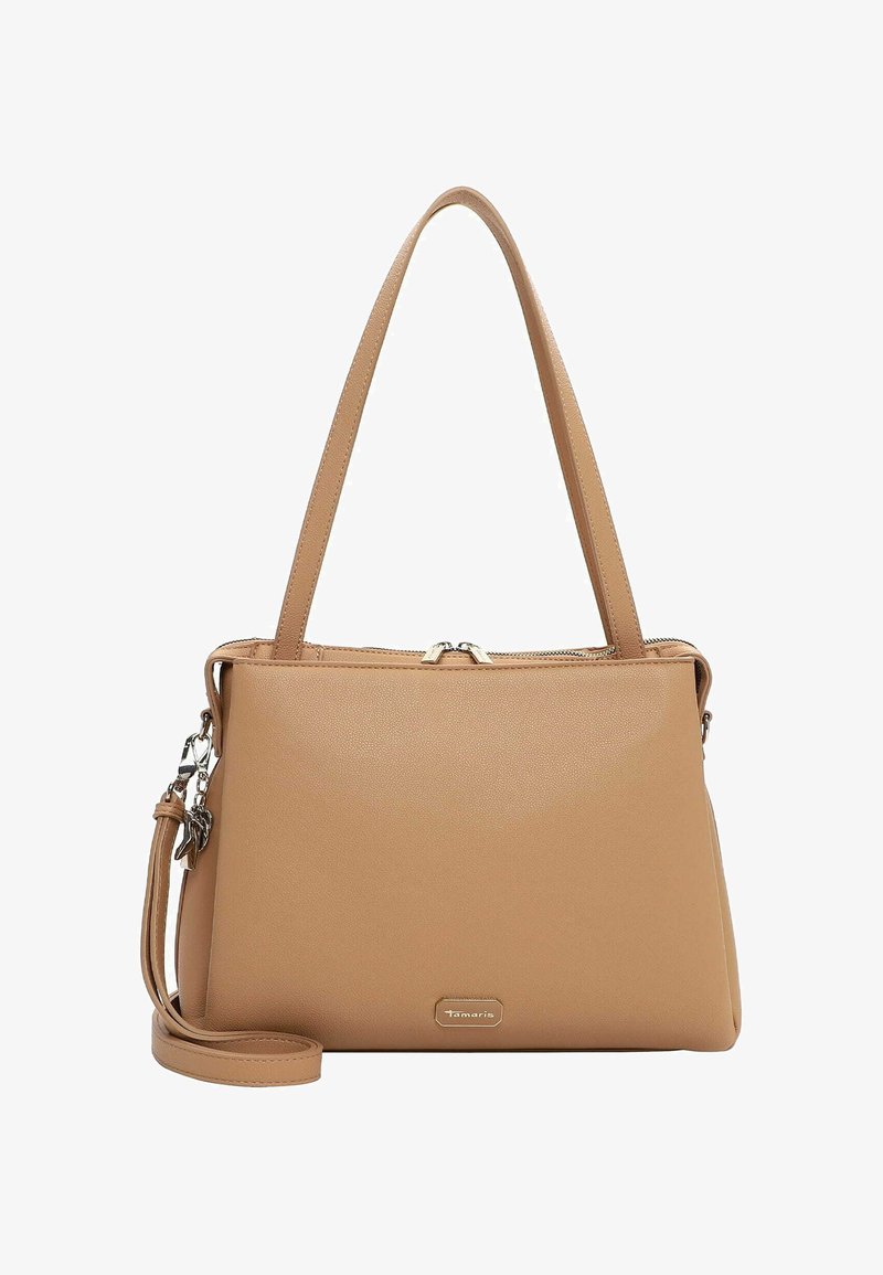 Borsa a mano in similpelle color cuoio con doppi manici superiori, chiusura con zip e tracolla removibile. Presenta una targhetta con logo color oro e una texture liscia.