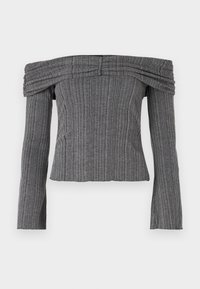 Off-the-shoulder top in textured gray fabric with vertical stripes, featuring long sleeves and gathered detailing along the neckline.