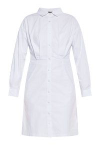 Weißes Baumwollhemdkleid mit spitzem Kragen, langen Ärmeln, Knöpfen auf der Vorderseite und einer taillierten Silhouette, mit geradem Saum.