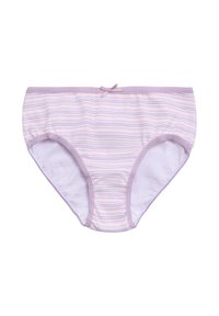 Ropa interior de algodón con rayas horizontales en tonos pastel de rosa, lavanda y menta. Presenta una cintura de color lavanda claro y un pequeño detalle de lazo.