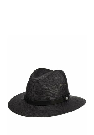 Black woven fedora hat with a wide brim and a black leather band around the base, featuring three small ventilation eyelets on the side.