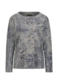 Langemouwen top in blauwgrijs met een palmenbladerenpatroon en pailletten. Zacht materiaal; ronde halslijn; lichtgewicht en casual ontwerp.