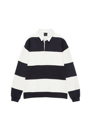 Maillot de rugby à manches longues avec larges rayures horizontales noires et blanches et un col blanc, posé à plat sur un fond blanc.