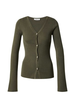 Olive green ribbed cardigan featuring a V-neck, long sleeves, and buttons along the front with a wavy design at the hem.